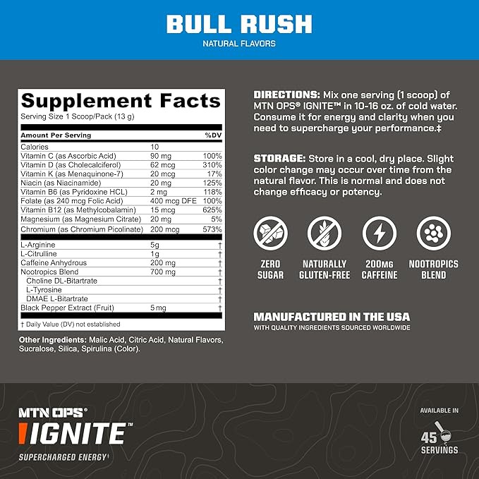 MTN OPS Ignite Energy Drink Powder Gluten Free Nootropic Supplement Drink Mix L Arginine L Citrulline Caffeine &amp Nootropic Sugar Free Drink Mix 45 Servings Bull Rush