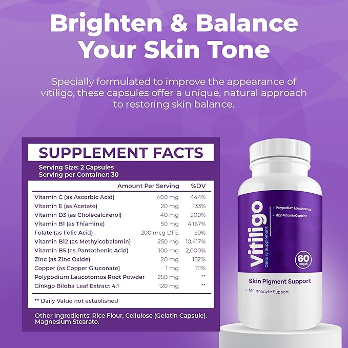Vitiligo Capsules 60 Count | 1 Month | Improve Skin Pigmentation Support and Reduce White Spots | Effective Vitiligo Supplement | Natural Solution for White Spots on Skin. (2)