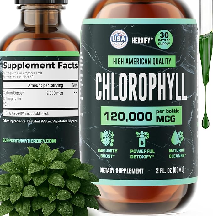 HERBIFY Chlorophyll Drops - Liquid Chlorophyll for Energy Boost &amp Immune System Support - Made in USA - Chlorophyll Liquid Drops for Body Detox Internal Deodorant &amp Enhance Skin - 2 Oz
