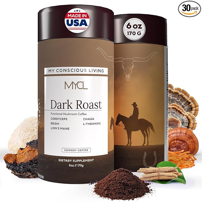MYCL Organic Mushroom Coffee - Instant Coffee - 1680mg Fruiting Body - Reishi Lion’s Mane Cordyceps Chaga &amp L-Theanine - Focus Energy &amp Immunity - Vegan Gluten-Free - Dark Roast 30 Serv