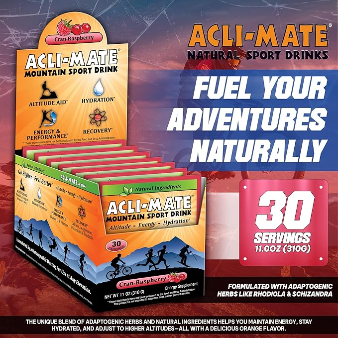 Acli-Mate Mountain Sport Drink Mix - High Altitude Acclimatization Electrolyte Powder Packets - Energy Drink Mix - Recovery Hydration Packets for Running Hiking Cycling &amp More (30CT CranRaspebe