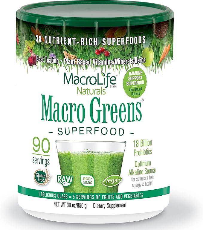 MacroLife Macro Greens Powder 38 Superfood Probiotics Antioxidants Digestive Enzymes &amp Adaptogen Supplement - Daily Super Green Juice &amp Smoothie Mix - Non-GMO Vegan Gluten-Free - 30 oz (90 Ser
