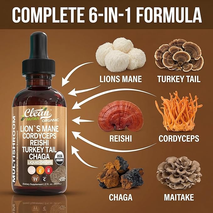 Mushroom Supplement Liquid Drops with Lions Mane Turkey Tail Cordyceps Reishi Chaga Shitake Maitake Tremella Oyster Mushrooms Poria Supplement and Enokitake Mushrooms Complex Blend by Clean Nutra