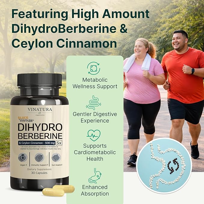 VINATURA Dihydroberberine Supplement with Ceylon Cinnamon 500mg - (Patented GlucoVantage Super Berberine) Maybe Berberine 5X More absorbable - 30 Capsules