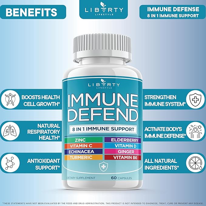 8 in 1 Immune Supplement with Echinacea Vitamin C and Zinc 50mg Vitamin D 5000 IU Turmeric Curcumin &amp Ginger B6 Elderberry 180 Count (Pack of 3)