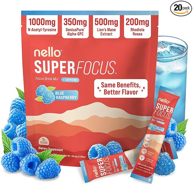 Nello Superfocus – Nootropic Focus Drink Mix for Productivity Caffeine L-Theanine Rhodiola Rosea Alpha-GPC Lion’s Mane Tyrosine Sugar-Free Packets - Blue Raspberry with Caffeine (Pack of 20)