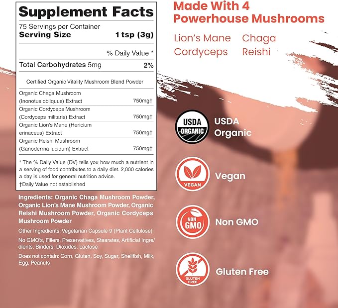 Organic Mushroom Powder Blend - 4-in-1 Reishi Lion’s Mane Cordyceps and Chaga Mushroom Supplement Extract Complex Mushroom Blend Powder for Immune Boost &amp Brain Support Add to Coffee Tea or W