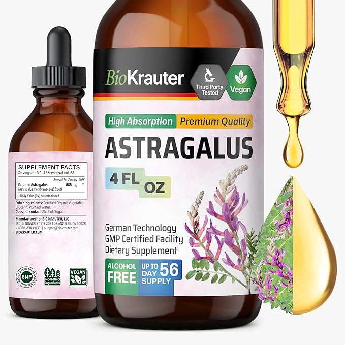 BIO KRAUTER® Astragalus for Immune Support - Vegan Astragalus Root Herbal Supplements 685 mg for Daily Wellness - Liquid Extract 4 Fl.Oz. 56 Days of Supply Alcohol &amp Sugar Free