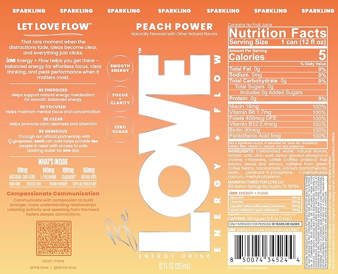 Be LOVE Energy + Flow – 80mg Natural Caffeine L-Theanine &amp Alpha-GPC for Clean Calm Focus – Zero Sugar Low Calorie 100% DV B-Vitamins – Non-GMO Vegan – 12 fl oz (Pack of 12) (Peach Power)