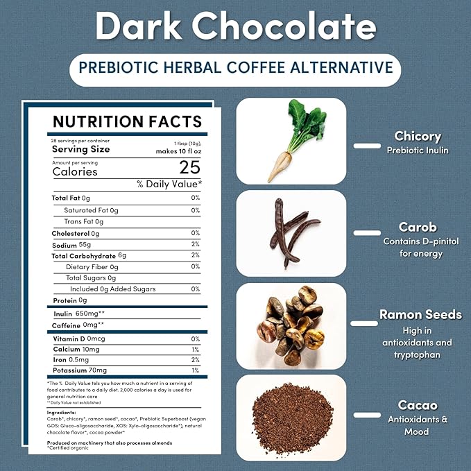 Teeccino Dark Chocolate Prebiotic SuperBoost Bundle - 25 Tea Bags 10 Ounce Herbal Coffee