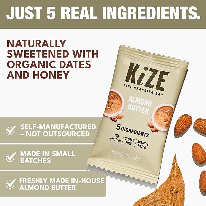 KiZE Energy Bars - Almond Butter - Almond-Butter-Based Gluten Free Non-GMO and High Protein Meal Replacement Energy Bars Clean and Simple Food Ingredients - 10g High Protein Snacks (10 Count)