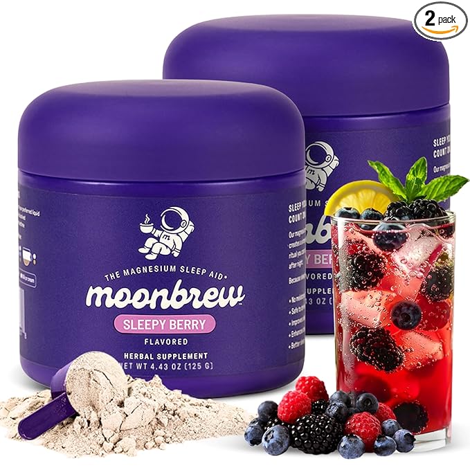 MoonBrew Nighttime Magnesium Sleepy Berry Smoothie Natural Sleep Aid Drink Mix for Adults 2-Pack - Calming Melatonin-Free Sleep Support with L-Theanine Chamomile &amp Zinc Glycinate - 50 Servings