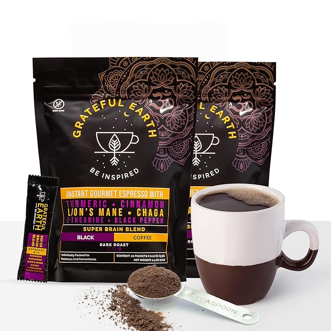 Grateful Earth Mushroom Coffee Espresso Instant Coffee with Cinnamon Turmeric Lion’s Mane Mushrooms L-Theanine Chaga Super Brain Blend Energy &amp Immune Support Dairy &amp Gluten Free 2 Bag