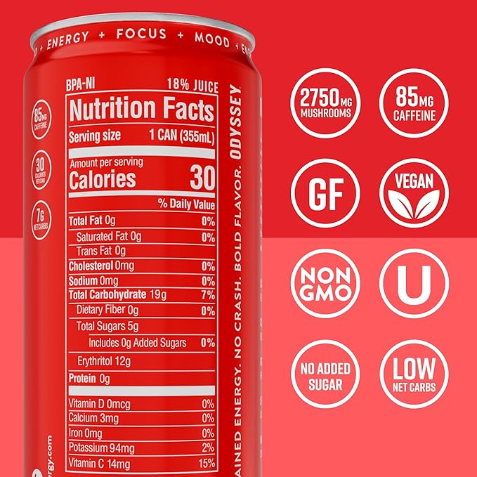 Odyssey Functional Energy Drink for Focus Cognition &amp Mood Support 12 Pack - Adaptogenic Drink with 85mg Green Tea Caffeine Lion’s Mane Cordyceps L-Theanine &amp Ginseng Passion Fruit Orange