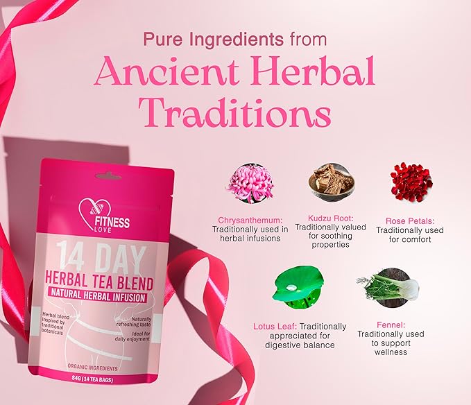 Fitness Love 14 Day Herbal Detox Tea – Caffeine-Free Infusion with Lotus Rose &amp Chrysanthemum – Gentle Digestive &amp Wellness Support – Herbal Blend for Daily Balance