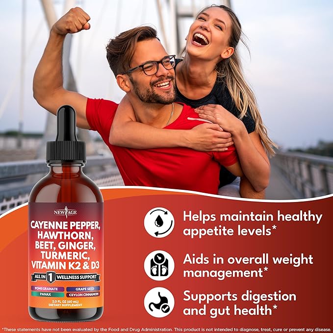 Cayenne Pepper Supplement Liquid Drops + Hawthorn Berry Vitamin D3 K2 Beet Root Powder Ceylon Cinnamon Turmeric Curcumin Organic Panax Ginseng - 4oz