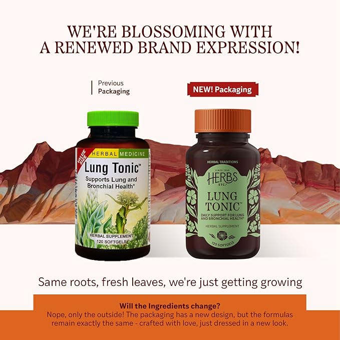 Herbs Etc. Lung Tonic - Lung Supplement for Bronchial Support - Healthy Breathing Support with Mullein Horehound &amp Grindelia - 120 Softgels - 2 Pack
