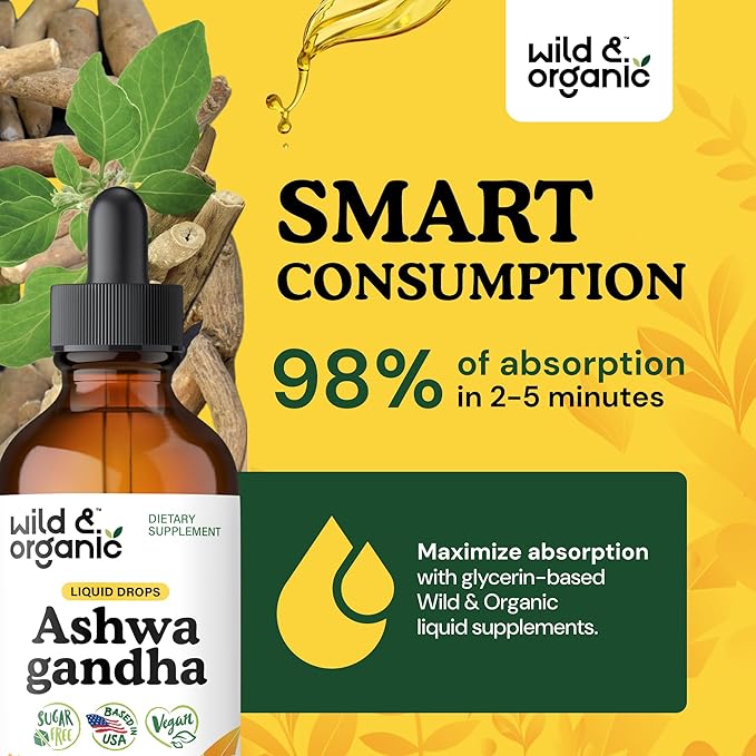 Wild &amp Organic Ashwagandha Drops - Mood Support Supplement w/Ashwagandha Root Extract - Liquid Drops for Calm Mind - Relaxation Supplements - Sugar &amp Alcohol-Free - 4 fl oz