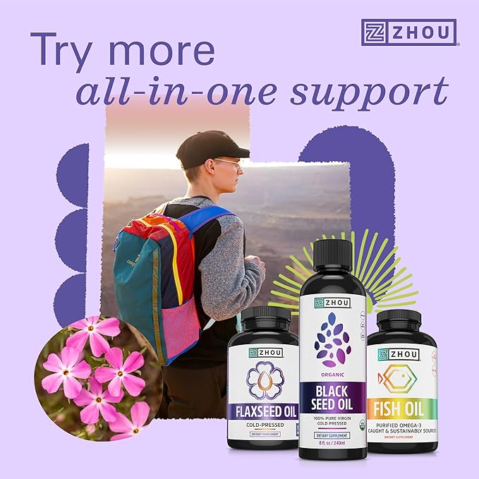 ZHOU Black Seed Oil &amp Capsules - Black Cumin Seed Oil Cold Pressed Pure Unrefined Nigella Sativa Premium Supplement for Health Hair &amp Skin - 8 fl oz Bottle &amp 60 Capsules
