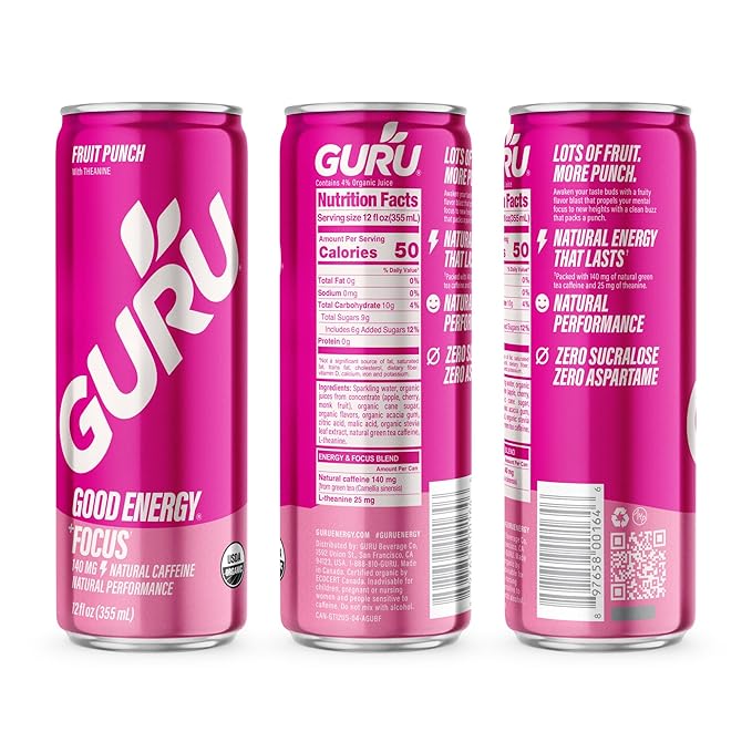 GURU Fruit Punch Organic Energy Drinks Clean Energy Drink with Plant Based Natural Caffeine from Green Tea + Focus with L Theanine Gluten Free and Vegan 140MG Caffeine 12oz (Pack of 12)