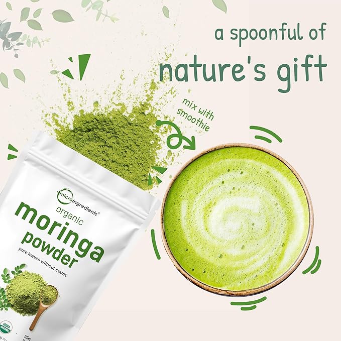 Micro Ingredients Organic Moringa Oleifera Leaf Powder 2 Pound | Rich in Antioxidants &amp Immune Vitamins | Pure Leaves Without Stems | Great Superfoods for Tea or Drink | India Grown Vegan
