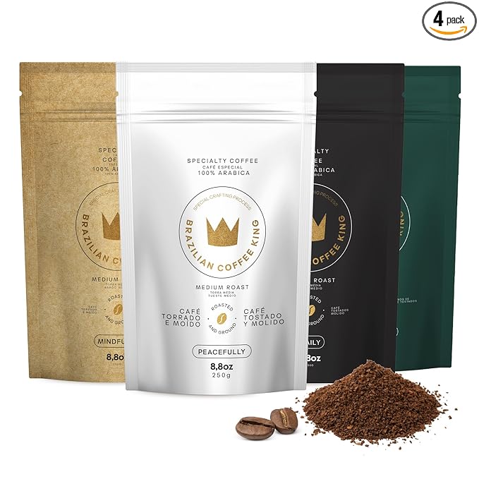 4-Pack Specialty Variety Coffee Kit – Arabica Ground in Brazil – Explore Artisanal Flavor Notes of Chocolate Caramel Fruits and Spices – Carefully Harvested Medium Roast – Brazilian Coffee King