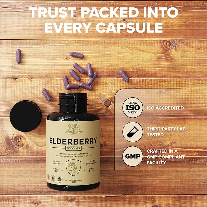 Elderberry with Vitamin C Zinc &amp Ginger – Potent Immune Booster 5000 Mg Elderberry Zinc &amp Vitamin C – Non-GMO Immunity Vitamins for Adults to Help You Feel Vibrant 120 Caps