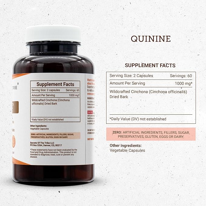 Secrets of the Tribe Quinine Capsules 1000 mg Wildcrafted Quinine (Cinchona officinalis) Dried Bark Leg Cramp Support Supplement (120 Capsules)