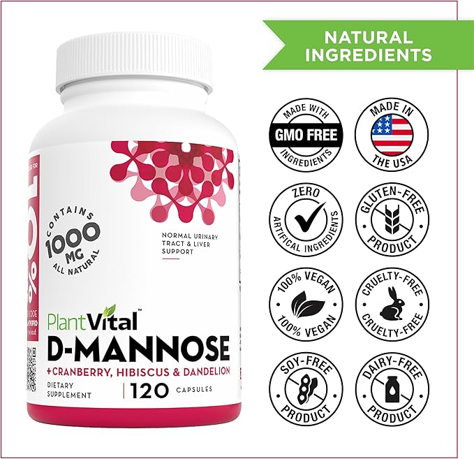 Plantvital D Mannose Capsules with Cranberry - D-mannose 1000mg Capsules - High Potency for Bladder Kidney and Urinary Tract Support. Cranberry Powder with Hibiscus and Dandelion. 2 Months Supply