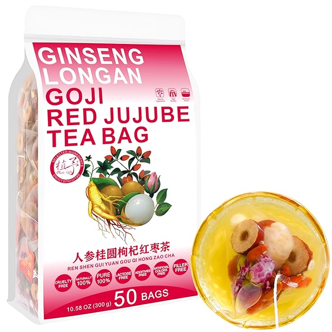 100% Pure Natural Herbal Tea Ginseng Longan Goji Tea Bag 300g/10.58oz (6g*50bags) REN SHEN GUI YUAN GOU QIHONG ZAO CHA Goji Brown Sugar Red Bean Peanut Caffeine Free No Additives Non-GMO