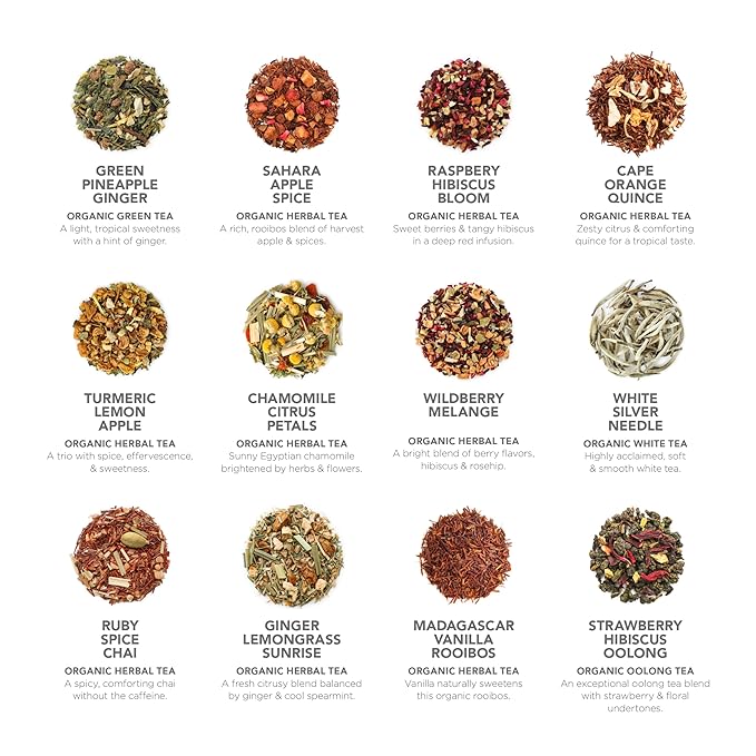 Teabloom - World's Finest Pyramid Tea Collection 24 Varieties of USDA Certified Organic &amp Kosher Teas - Black Tea Green Tea White Tea Oolong Tea and Herbal/Fruit Tea Blends