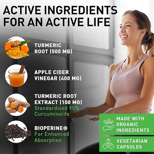 120 Capsules of USDA Organic Turmeric Root Powder USDA Organic Ginger Powder and Apple Cider Vinegar Powder with Curcumin (95% Curcuminoids) and Bioperine 1410 mg per Serving in Veggie Capsules
