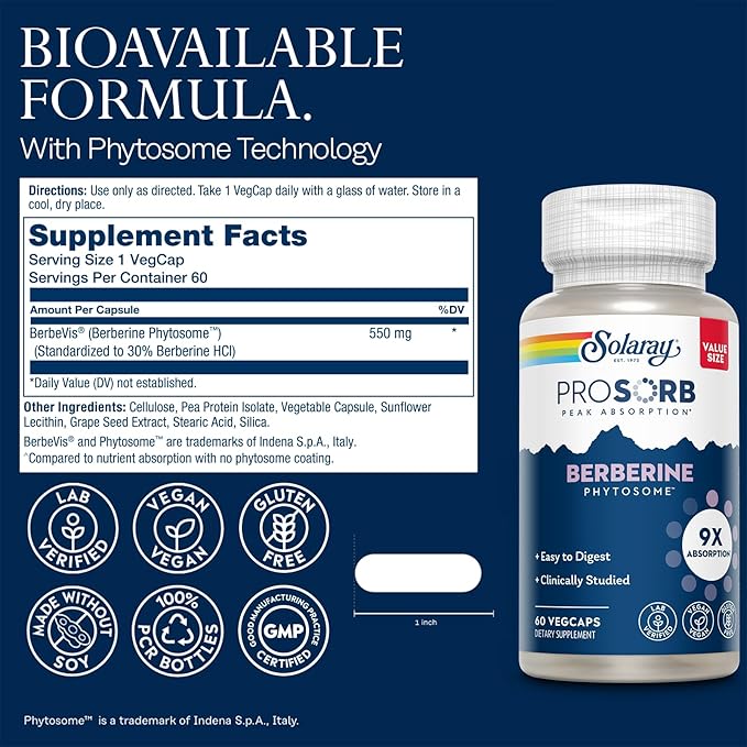 SOLARAY Berberine Phytosome - 9X Absorption and Easy-to-Digest - Standardized to 30% Berberine HCl - Vegan Made Without Soy - 60-Day Guarantee - 60 Servings 60 VegCaps