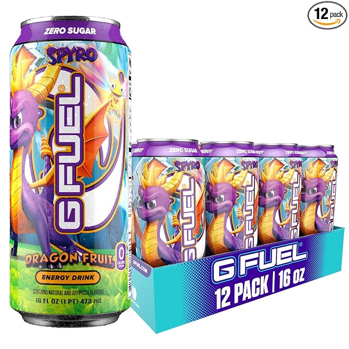 G Fuel Energy Drink Dragon Fruit Sugar Free Beverage with 140mg Caffeine Daily Energy Boost with Focus Amino Vitamin + Antioxidants 16 oz Cans (Spyro the Dragon 12-Pack)