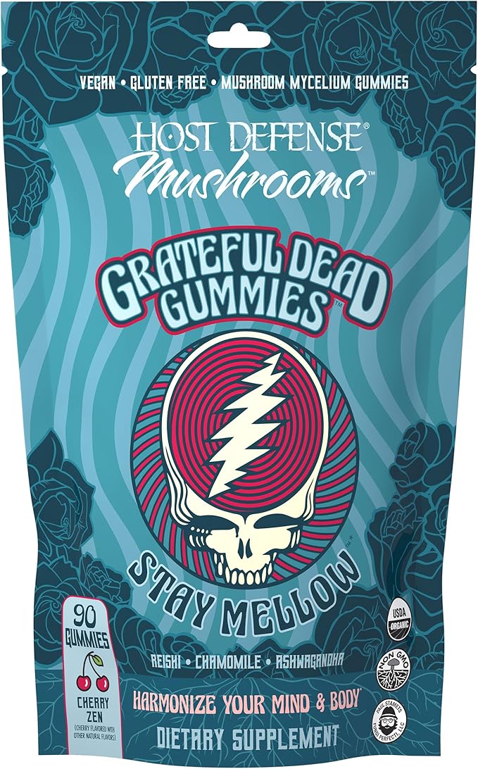 Host Defense Stay Mellow Grateful Dead Gummies - Reishi Mushroom Gummies with Ashwagandha Chamomile &amp Lions Mane - Support for Stress Reduction and Relaxation (30 Servings)