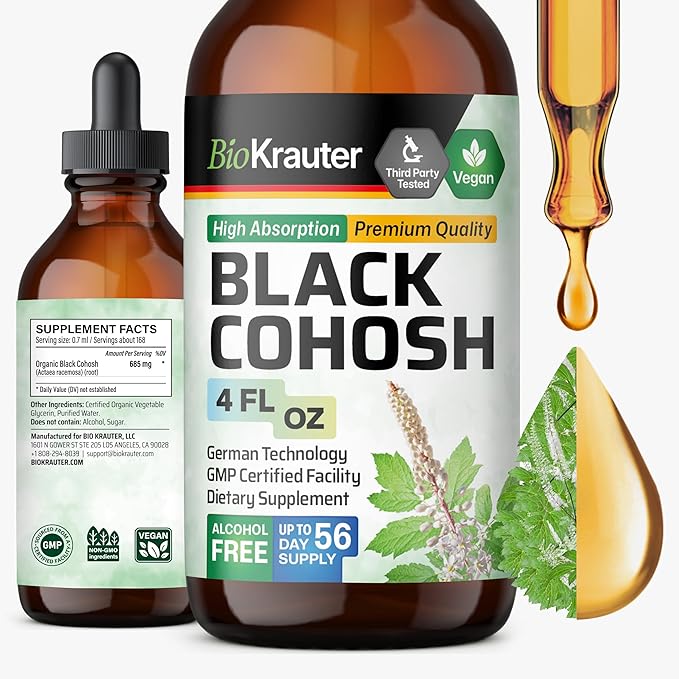 BIO KRAUTER® Perimenopause &amp Menopause Supplements for Women* - Pure Vegan Black Cohosh for Mood Support &amp Women's Wellness - Black Cohosh Supplements 4 Fl.Oz 56-Day Supply Alcohol &amp Suga
