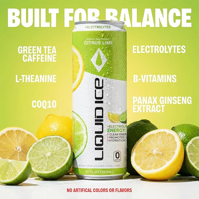 Liquid Ice Energy Drink - Zero Sugar With Electrolytes For Hydration Natural Caffeine 120mg Caffeine L- Theanine Antioxidant Support Clean Focused Energy with Green Tea Extract COQ10 Citrus Li