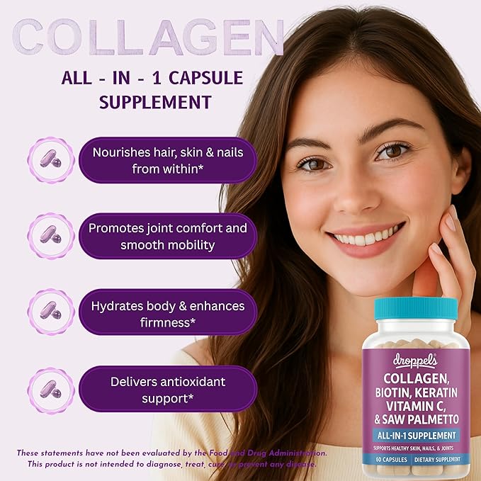 Droppels Collagen Capsules – Advanced Collagen + Biotin + Keratin + Vitamin C – Hair Skin Nails &amp Joints Support – 60 Count Dietary Supplement