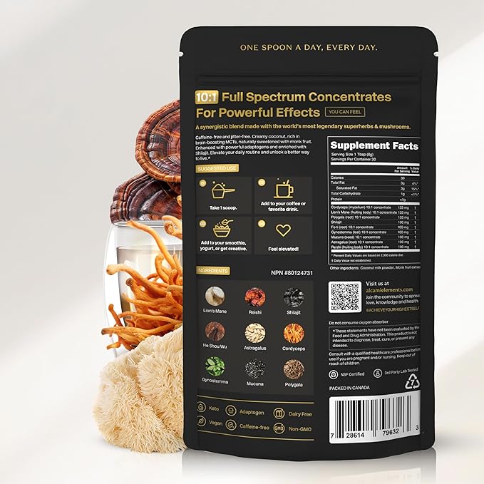 Mushroom Espresso Coffee Superfood Blend 10X Concentrated Extract with Lion's Mane Reishi &amp Cordyceps Energy &amp Focus Support 30 Servings Premium Supplement Powder
