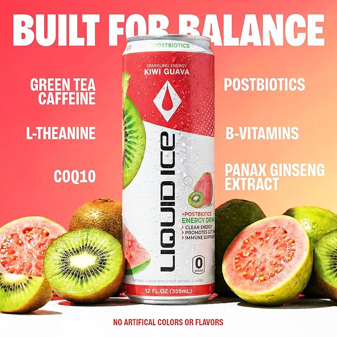Liquid Ice Energy Drink - With Postbiotics For Gut-Health Natural Caffeine Zero Sugar 120mg Caffeine L- Theanine Antioxidant Support Clean Focused Energy with Green Tea Extract COQ10 Kiwi Guav