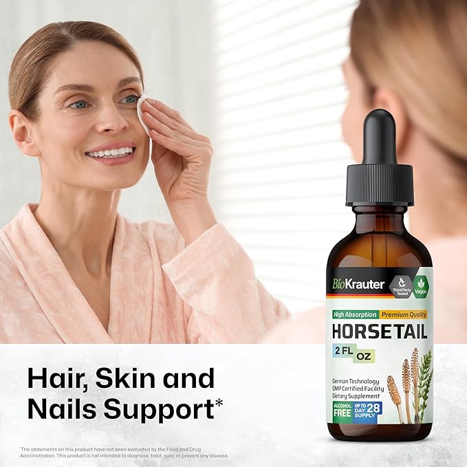 BIO KRAUTER® Horsetail Supplement for Hair Skin &amp Nails - Vegan &amp Pure Horsetail Herb Liquid Drops 660 mg per Serving 2 Fl.Oz. - Silica Hair Supplement - Alcohol &amp Sugar Free - 28 Days of