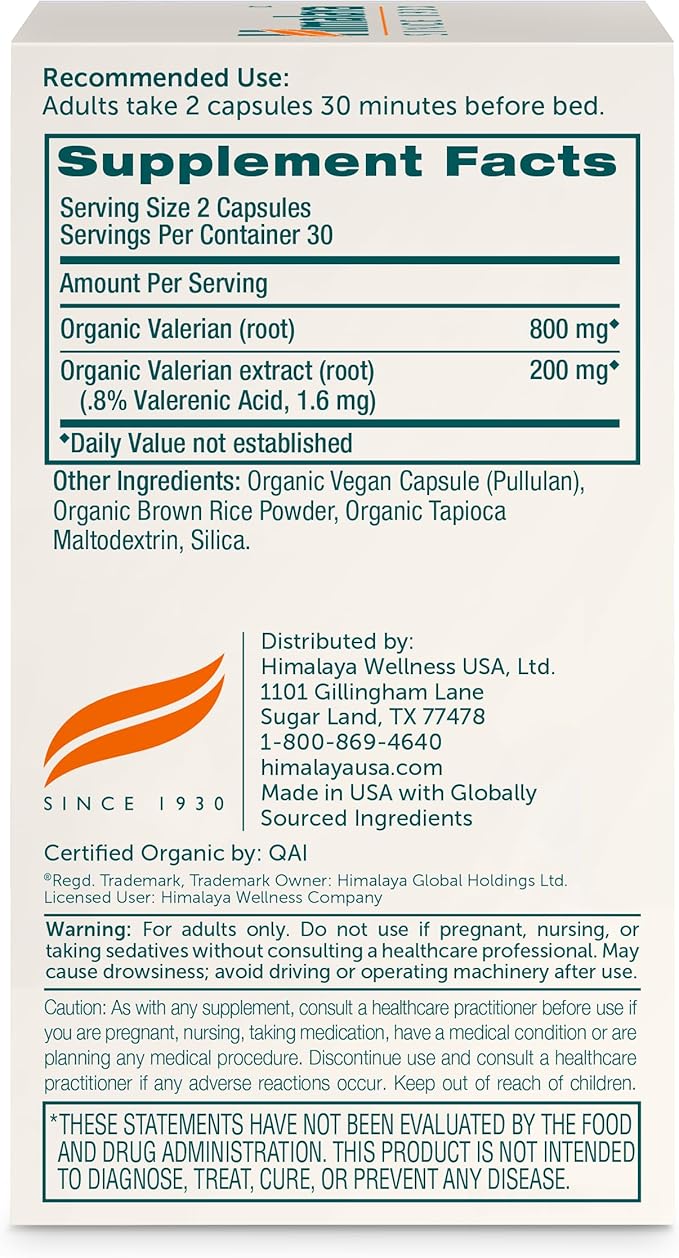Himalaya Organic Valerian Root Herbal Sleep Support for Calm Relaxation USDA Organic Non-GMO Vegan Gluten Free 1000 mg 60 Capsules