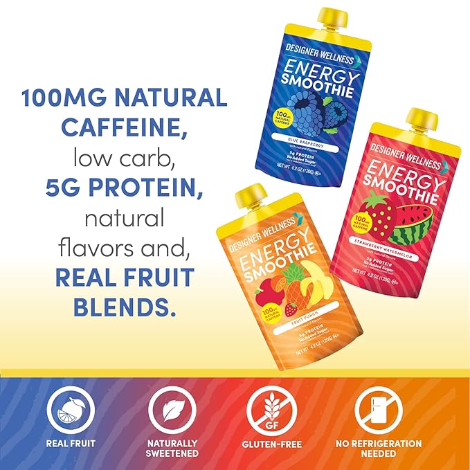Designer Wellness Energy Smoothie Real Fruit 100mg Natural Caffeine 5g Protein Low Carb Zero Added Sugar Gluten-Free Variety Pack 12 Count
