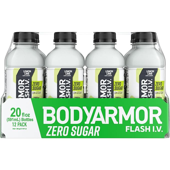 BODYARMOR Flash I.V. Zero Sugar Electrolyte Beverage Lemon Lime Hydration Drink For Rapid Rehydration Post Workout Recovery 20 Fl Oz (Pack of 12)