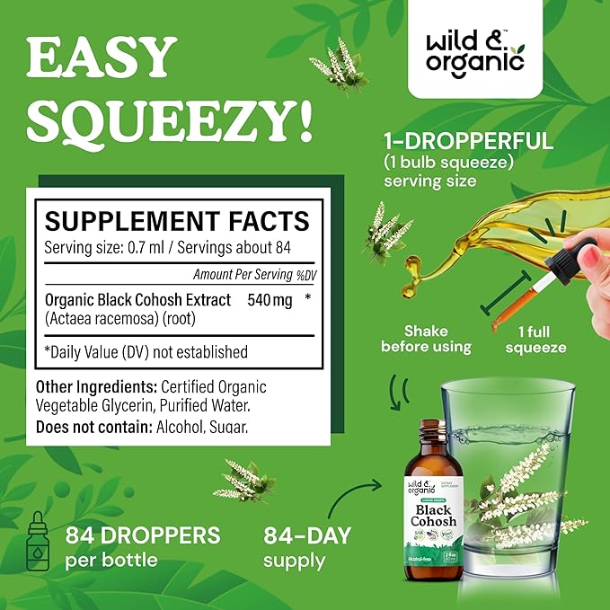 Wild &amp Organic Black Cohosh Supplements Women - Menopause &amp Perimenopause Support - 540 mg Natural Black Cohosh Tincture - Add to Tea Liquid Drops - 2-Month Supply - Vegan Sugar &amp Alcohol