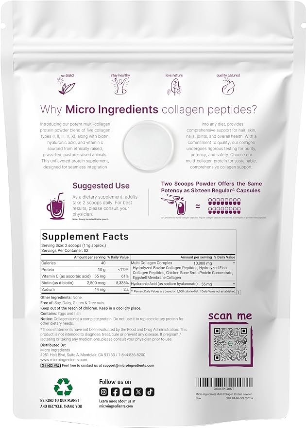 Micro Ingredients Multi Collagen Peptides Powder 2lb – Hydrolyzed Type IIIIIIVX with Biotin Hyaluronic Acid Vitamin C – Unflavored Collagen for Women &amp Men Easy Dissolve 82 Servings