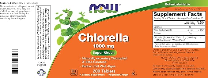 Now Chlorella 1000mg Tablets - 200 Count (Pack of 2) - Natural Occurring Chlorophyll Beta-Carotene - Non-GMO Vegan - Green Super Food Supplement for Women and Men