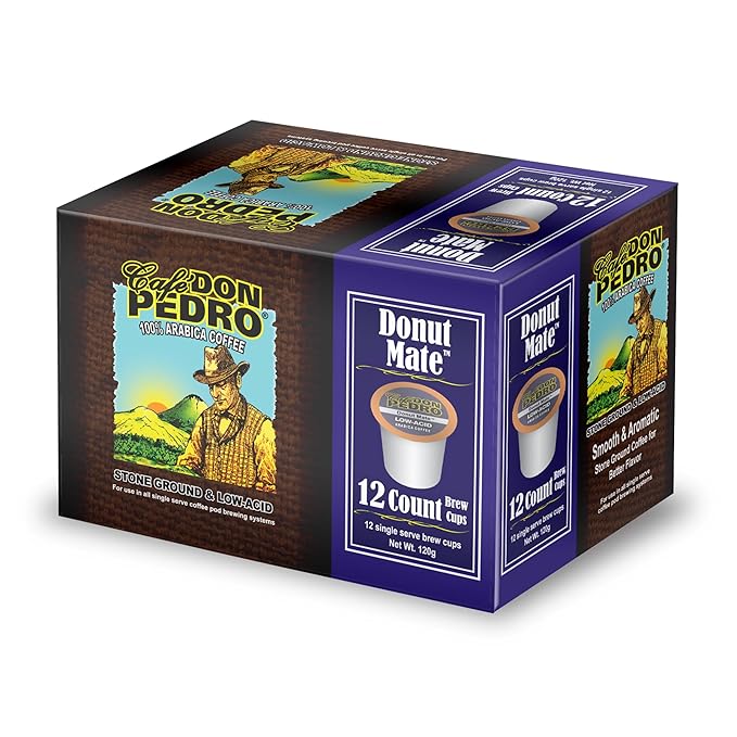 Cafe Don Pedro Donut Mate - Low Acid Coffee K Cups for Sensitive Stomach 100% Natural Arabica Light &amp Medium-Light Roast Improved Pods - No More Leaks 72 Count