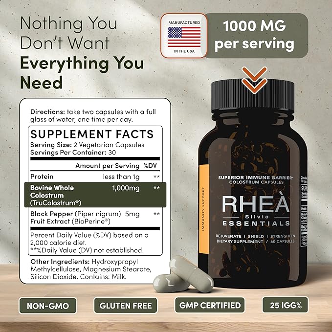 Rhea Bovine Colostrum Supplement for Women Colostrum Capsules for Gut Health Digestion Bloating Beauty Immune Support Bovine Colostrum for Humans Colostrum Pills (60caps)