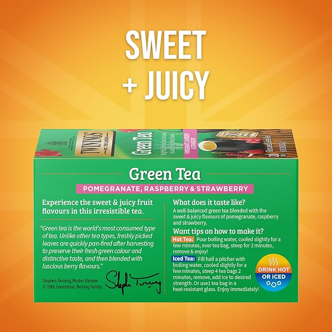 Twinings Green Tea with Pomegranate Raspberry &amp Strawberry Individually Wrapped Bags 20 Count (Pack of 1) Caffeinated Enjoy Hot or Iced 20 Teabags